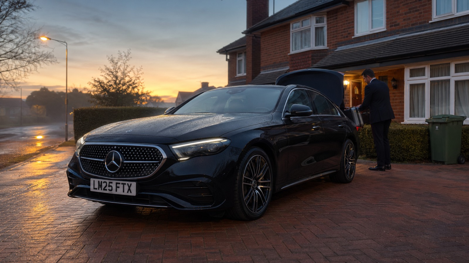 Black Mercedes E-Class taxi at a UK home for an early Liverpool Airport dawn pickup  