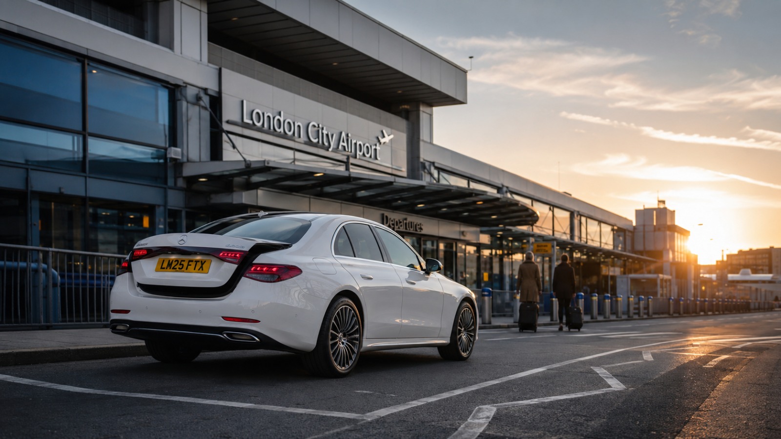 White Mercedes E-Class taxi at London City Airport terminal forecourt at dawn