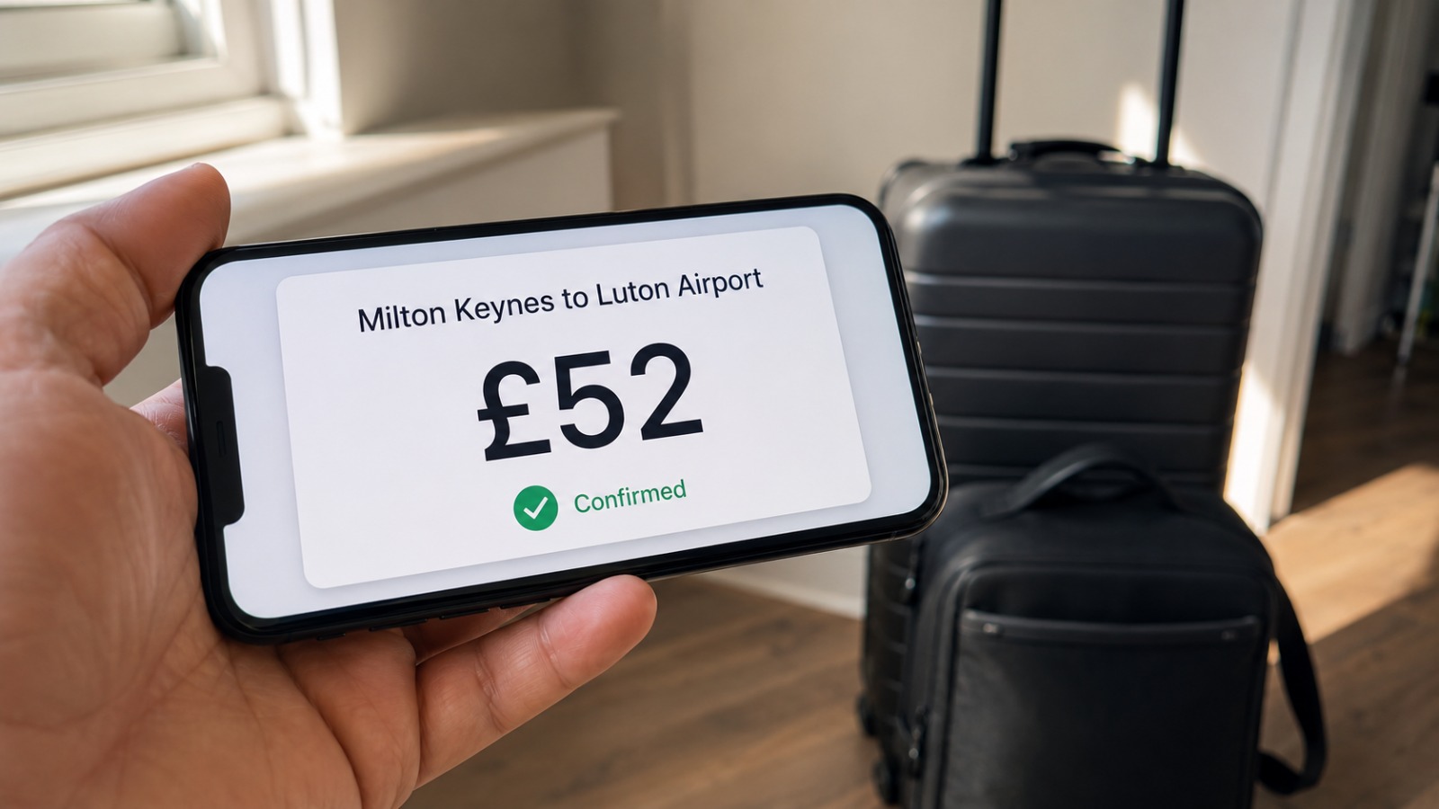 Passenger holding a phone showing a fixed-price Luton Airport taxi booking confirmation with a packed suitcase at a UK home.