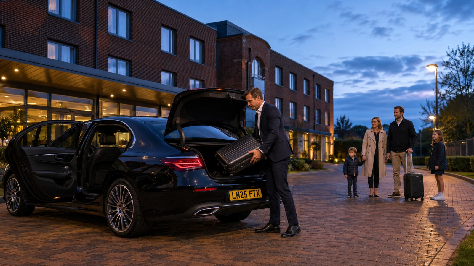Black Mercedes E-Class 2025 saloon taxi at Solihull hotel loading luggage for a Birmingham Airport transfer at dawn