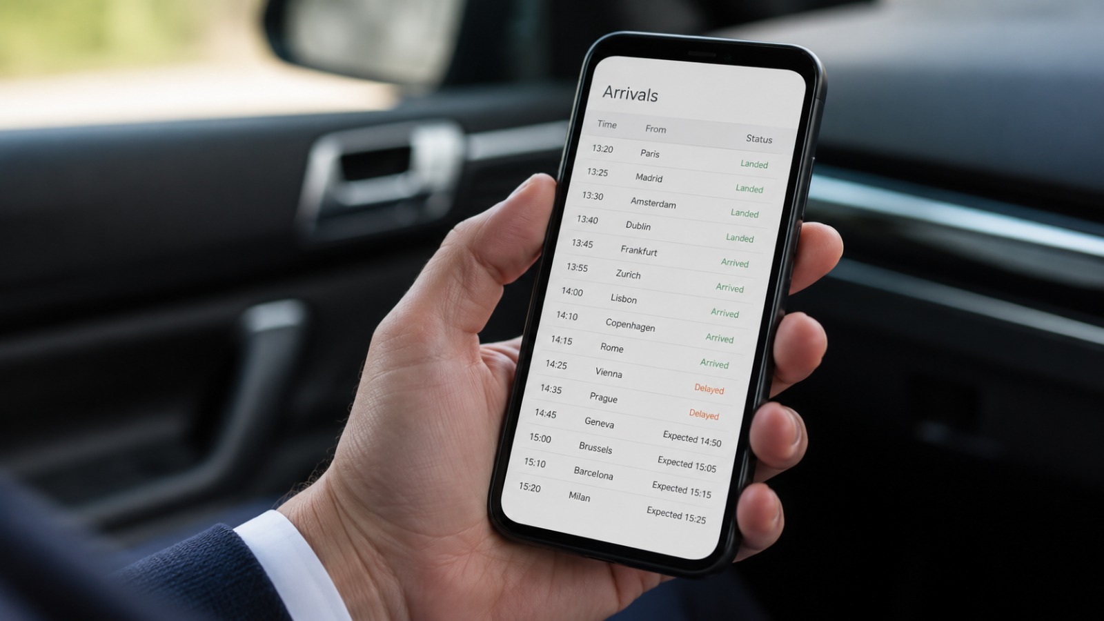 Driver checking a flight arrival time on a phone before a Stansted Airport pickup