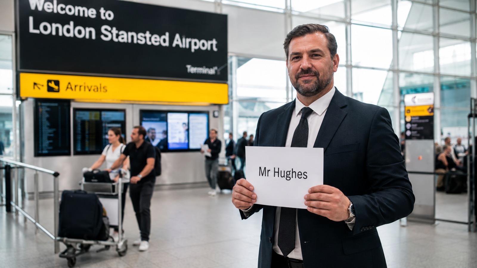 Private hire driver holding a blank name board in Stansted Airport arrivals for a meet and greet