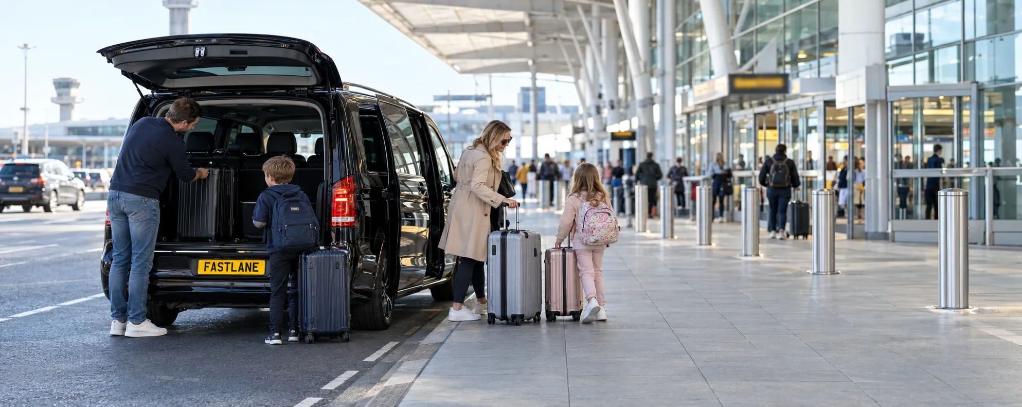 Black people carrier dropping a family with luggage at Gatwick Airport