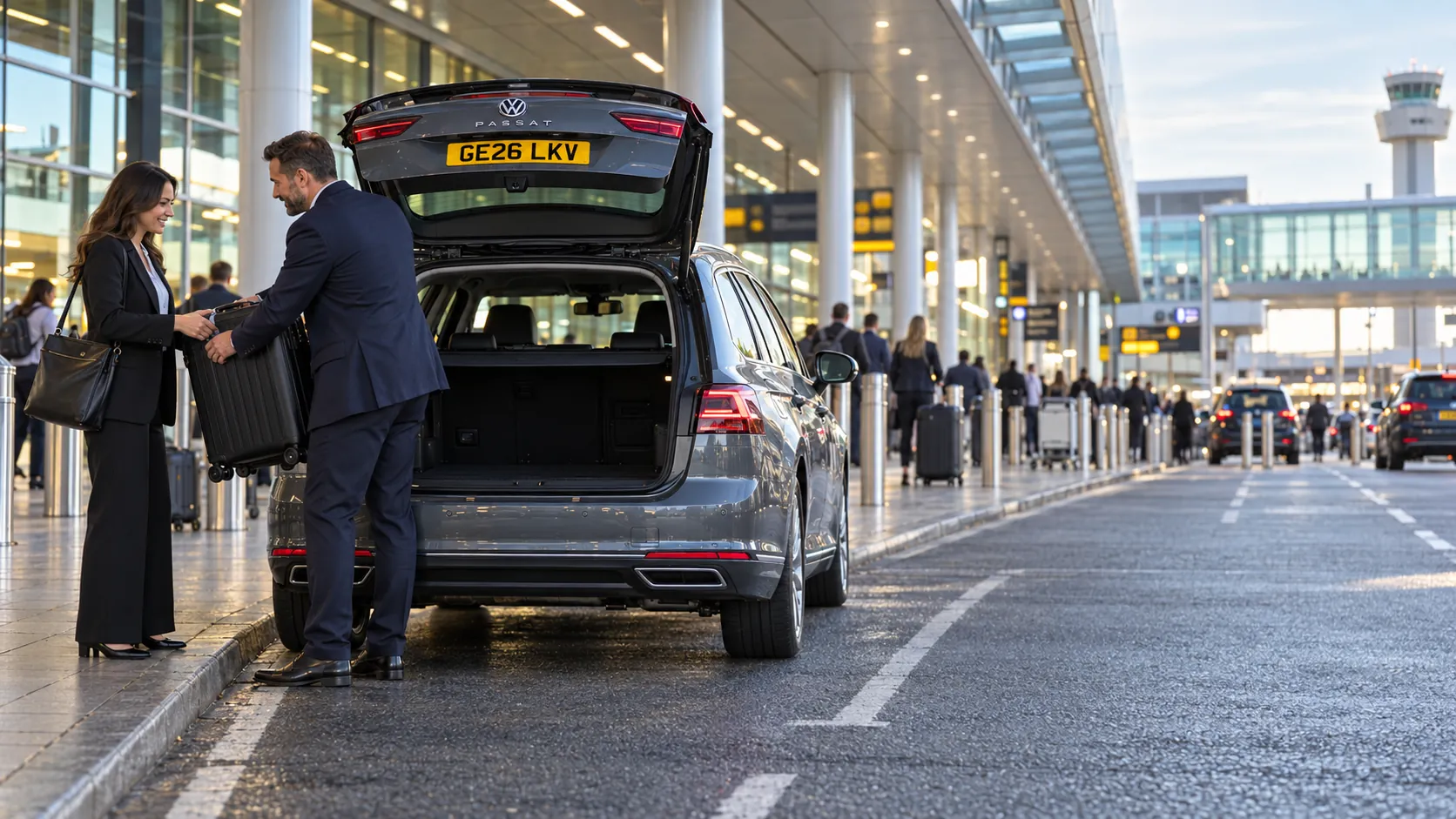 Driver lifting a suitcase from a grey estate for a passenger at the Gatwick North Terminal drop-off zone