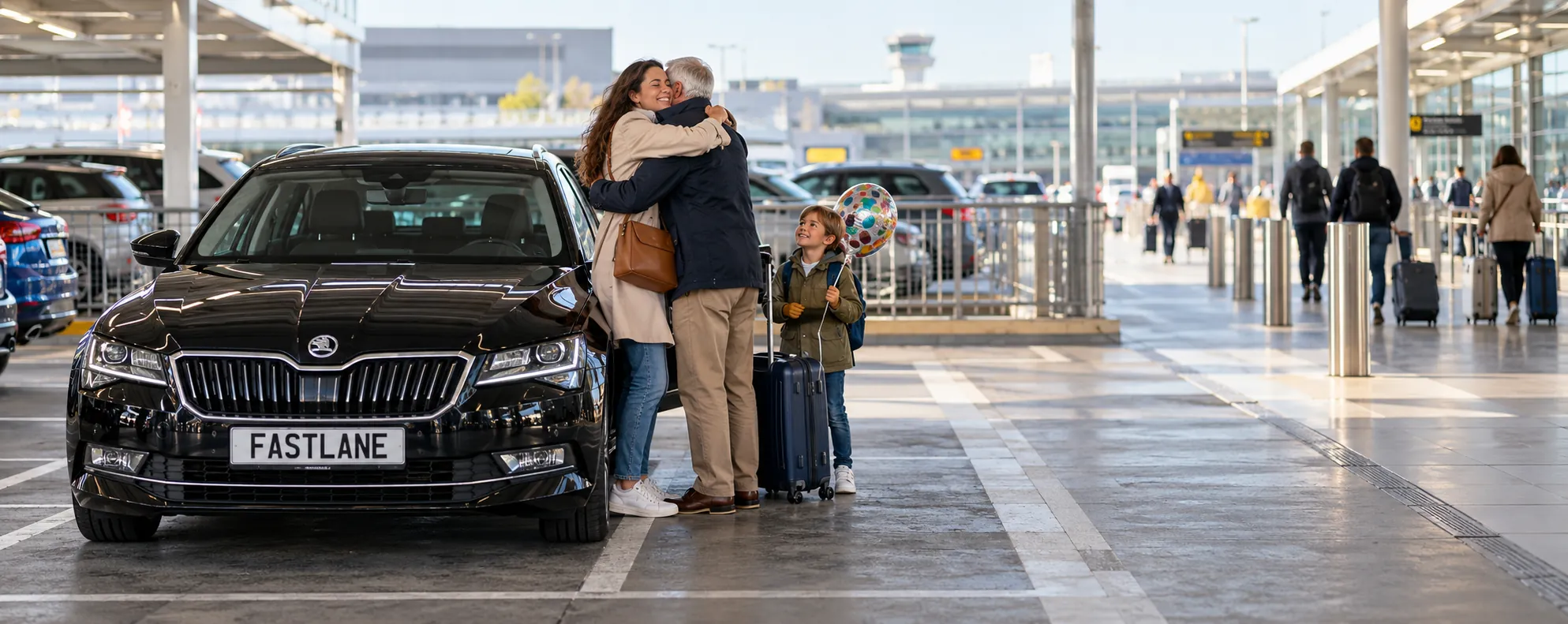 Black saloon in a Gatwick Short Stay car park as a family greets a returning grandfather