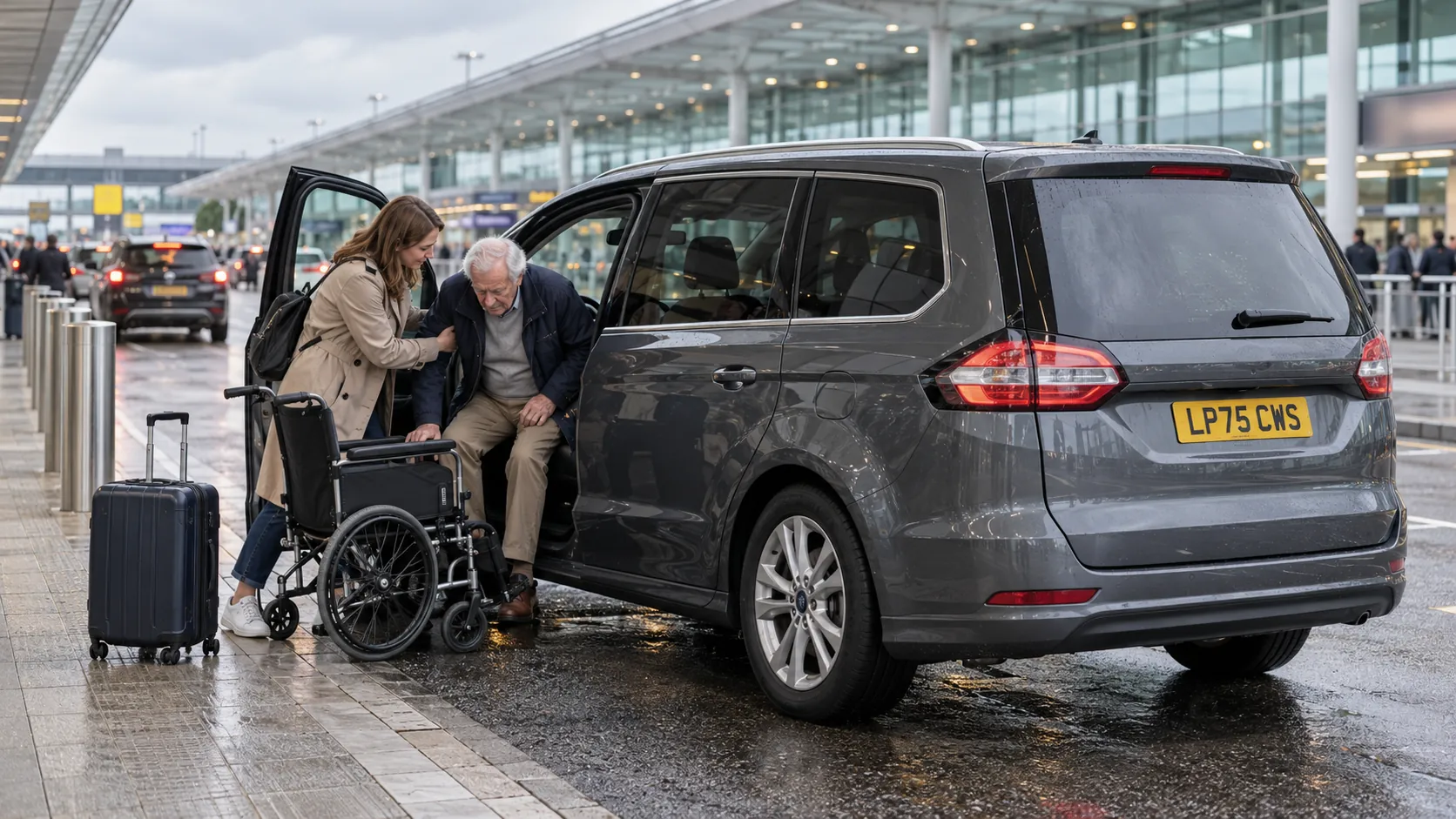 Daughter helping her father from a grey car into his wheelchair outside Heathrow Terminal 3 departures