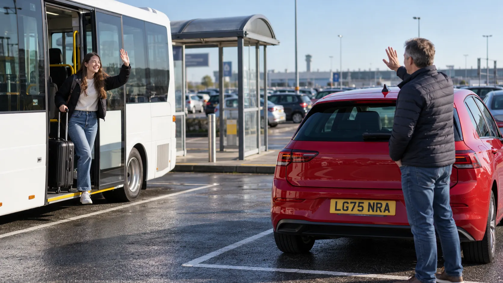 Young woman with a suitcase stepping off a shuttle bus to meet her father at a Heathrow Park & Ride car park