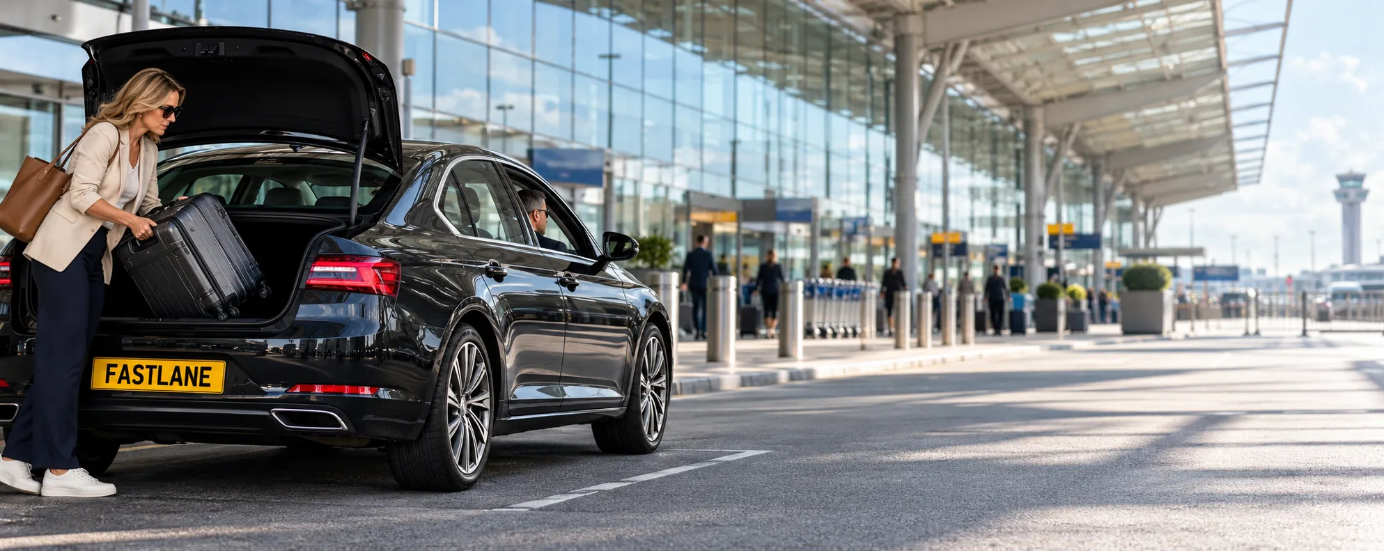 Black saloon at the Terminal 2 departures kerb at Heathrow as a traveller lifts out a suitcase