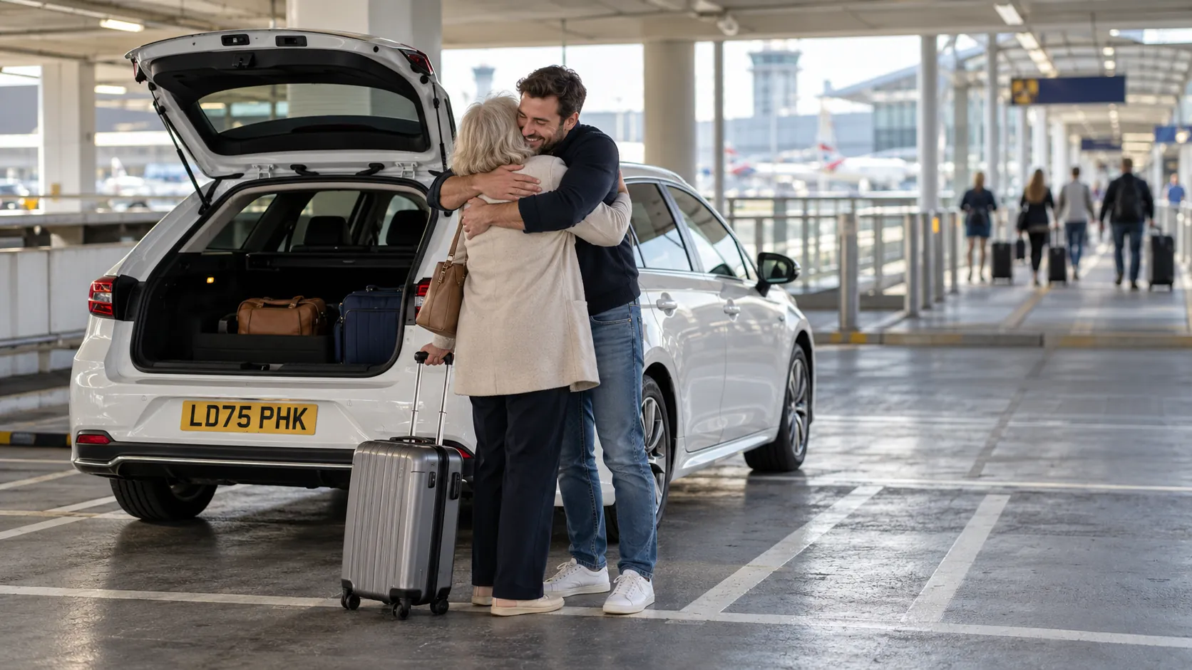 Son greeting his mother beside a white estate car inside the Terminal 2 car park at Heathrow