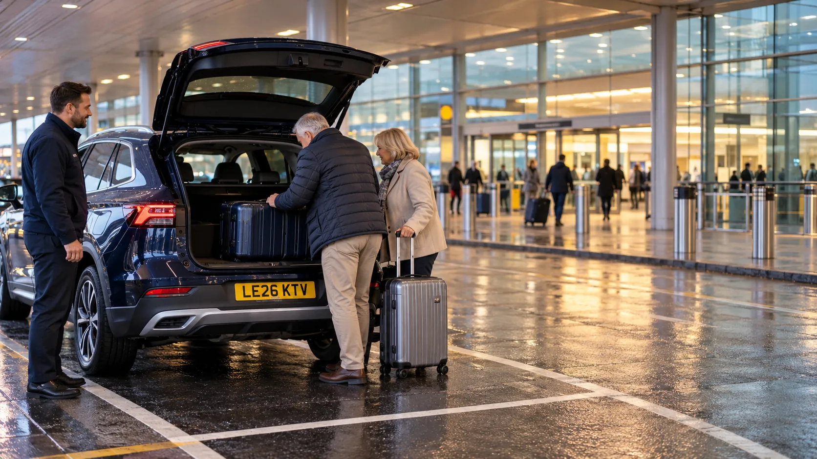 Couple loading bags into a dark blue car in the Priority Pick-Up area outside Heathrow Terminal 4 arrivals