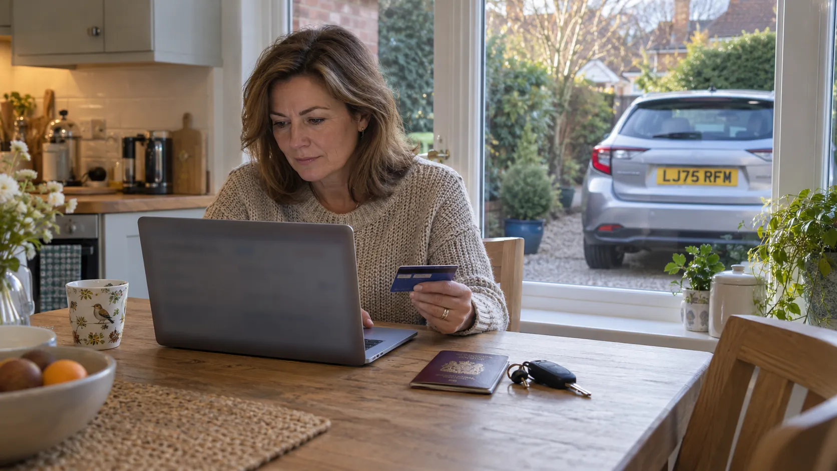 Woman paying the Heathrow drop-off charge online on a laptop at her kitchen table